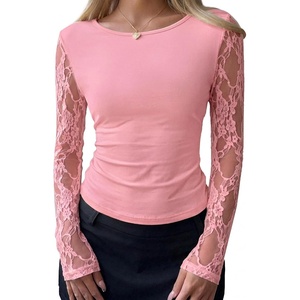 BTFBM Fall Tops for Women 2026 Sheer Lace Long Sleeve Top Slim Fit Blouses(Pink)