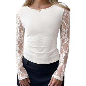 BTFBM Fall Tops for Women 2026 Sheer Lace Long Sleeve Top Slim Fit Blouses(White)