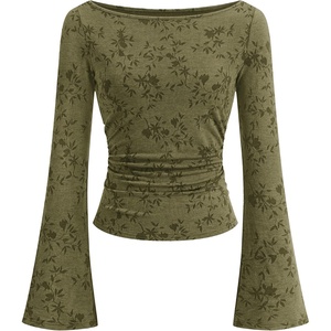 BTFBM Womens Bell Long Sleeve Boat Neck Floral Ribbed Knit Tops(Army Green)