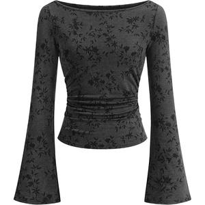 BTFBM Womens Bell Long Sleeve Boat Neck Floral Ribbed Knit Tops(Black Grey)