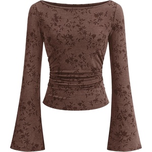 BTFBM Womens Bell Long Sleeve Boat Neck Floral Ribbed Knit Tops(Brown)