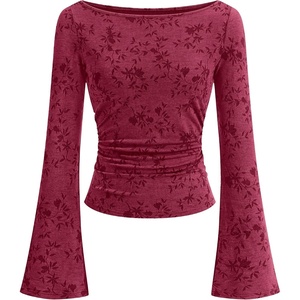 BTFBM Womens Bell Long Sleeve Boat Neck Floral Ribbed Knit Tops(Burgundy)