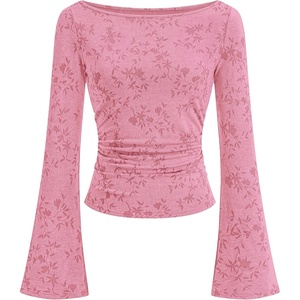 BTFBM Womens Bell Long Sleeve Boat Neck Floral Ribbed Knit Tops(Pink)