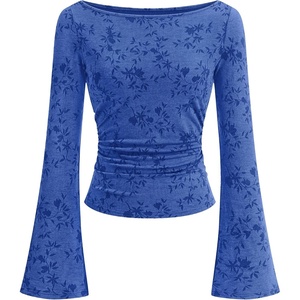 BTFBM Womens Bell Long Sleeve Boat Neck Floral Ribbed Knit Tops(Royal Blue)