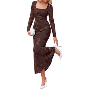 BTFBM Womens Long Sleeve Bodycon Floral Mesh Maxi Fall Wedding Guest Dress(Brown)