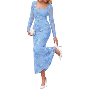 BTFBM Womens Long Sleeve Bodycon Floral Mesh Maxi Fall Wedding Guest Dress(Light Blue)