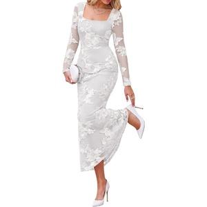 BTFBM Womens Long Sleeve Bodycon Floral Mesh Maxi Fall Wedding Guest Dress(White)