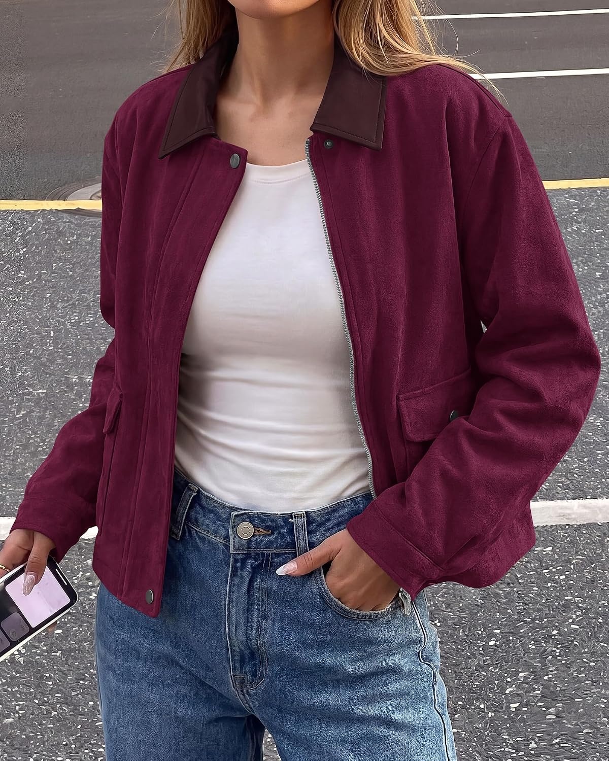 image:imageBTFBM Faux Suede Jacket Women Leather Lapel Zip Up Fall Outfits 2026Burgundy