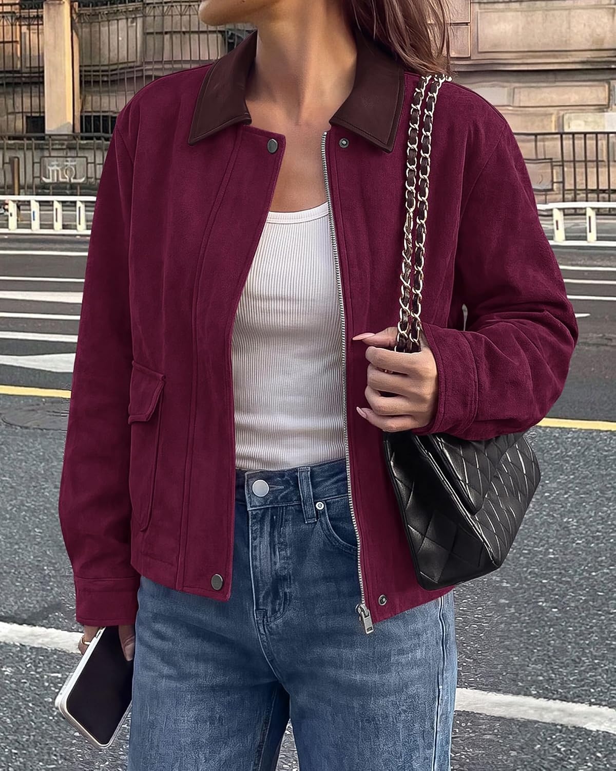 image:imageBTFBM Faux Suede Jacket Women Leather Lapel Zip Up Fall Outfits 2026Burgundy