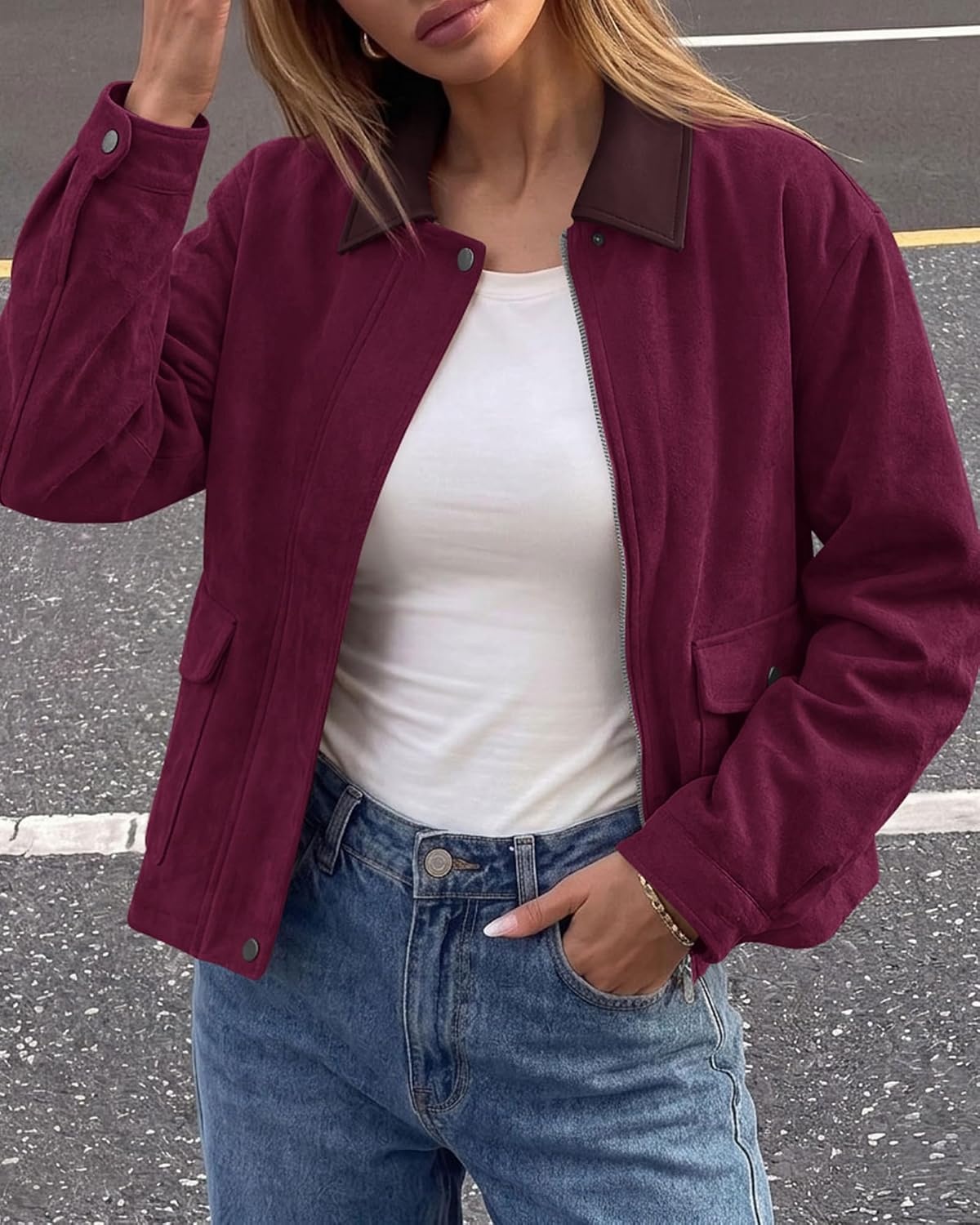 image:imageBTFBM Faux Suede Jacket Women Leather Lapel Zip Up Fall Outfits 2026Burgundy