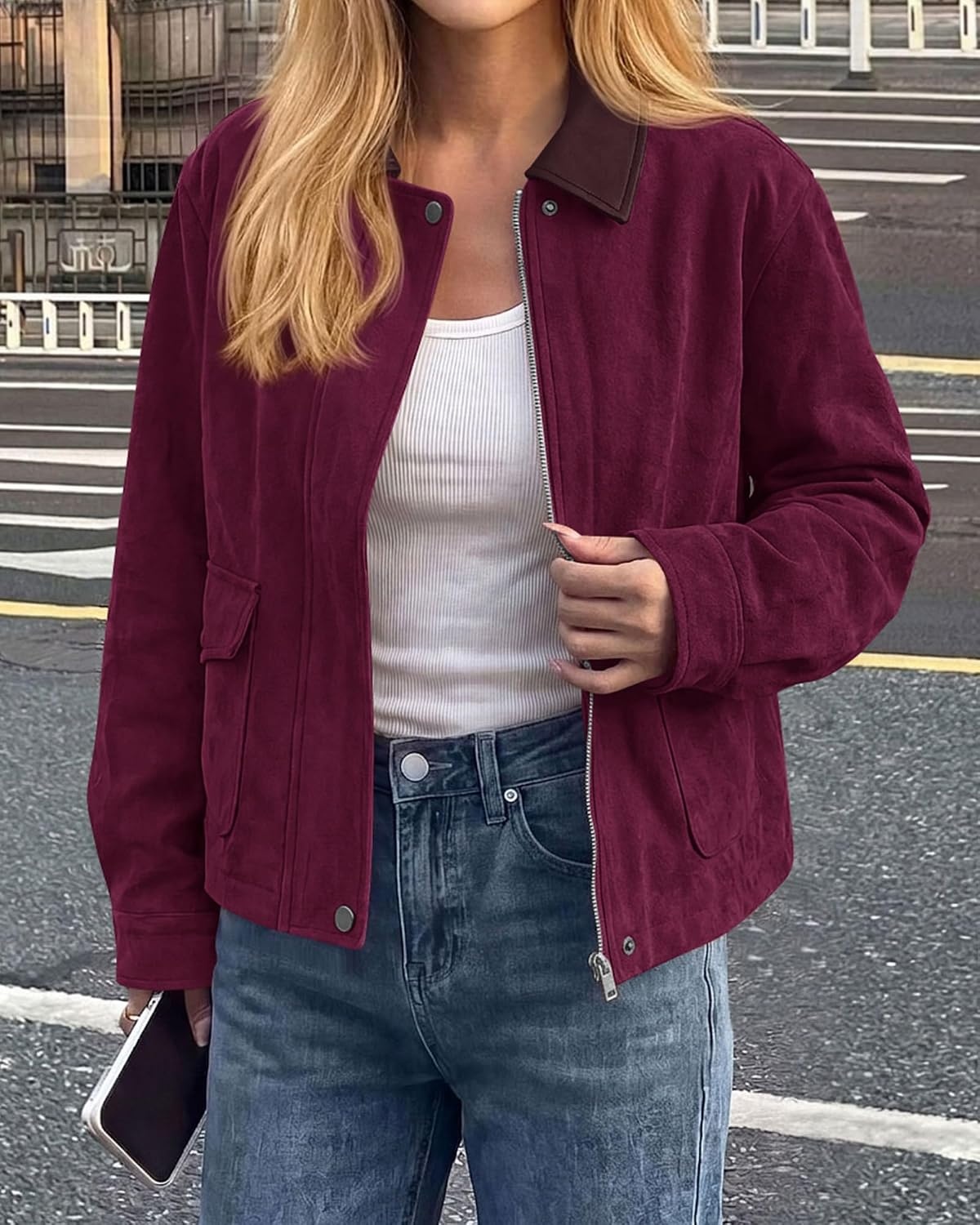 image:imageBTFBM Faux Suede Jacket Women Leather Lapel Zip Up Fall Outfits 2026Burgundy