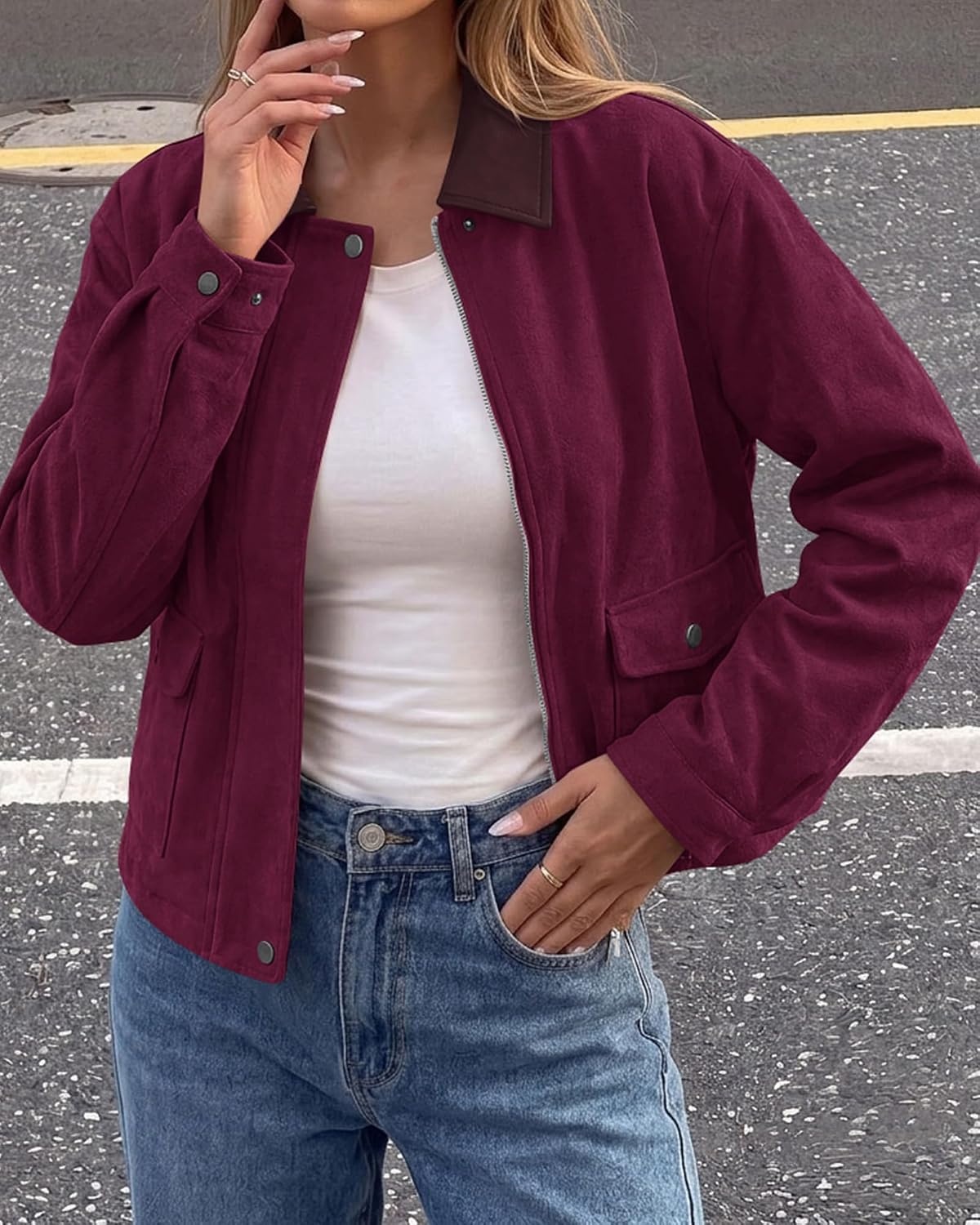 image:imageBTFBM Faux Suede Jacket Women Leather Lapel Zip Up Fall Outfits 2026Burgundy