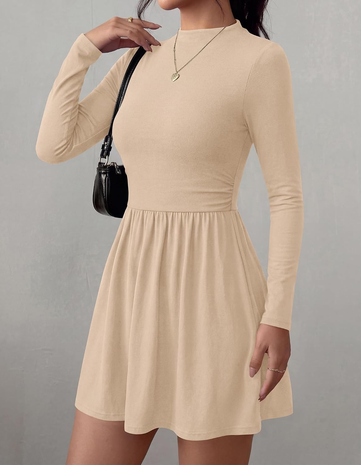 image:imageBTFBM Long Sleeve Dresses for Women Mock Neck A Line Flowy Mini DressApricot