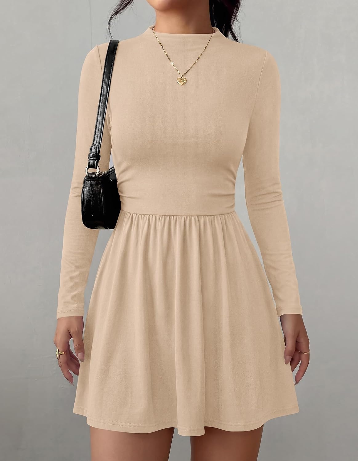 image:imageBTFBM Long Sleeve Dresses for Women Mock Neck A Line Flowy Mini DressApricot