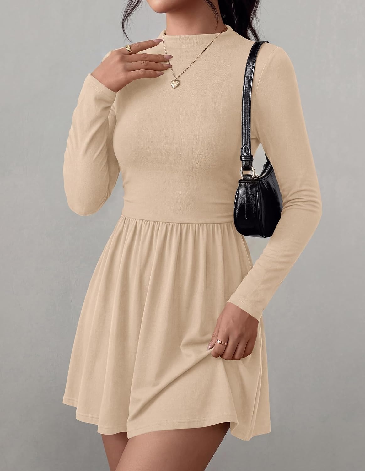 image:imageBTFBM Long Sleeve Dresses for Women Mock Neck A Line Flowy Mini DressApricot