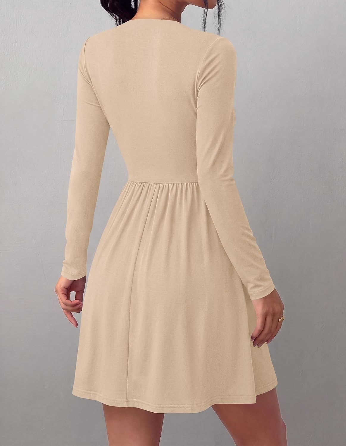 image:imageBTFBM Long Sleeve Dresses for Women Mock Neck A Line Flowy Mini DressApricot