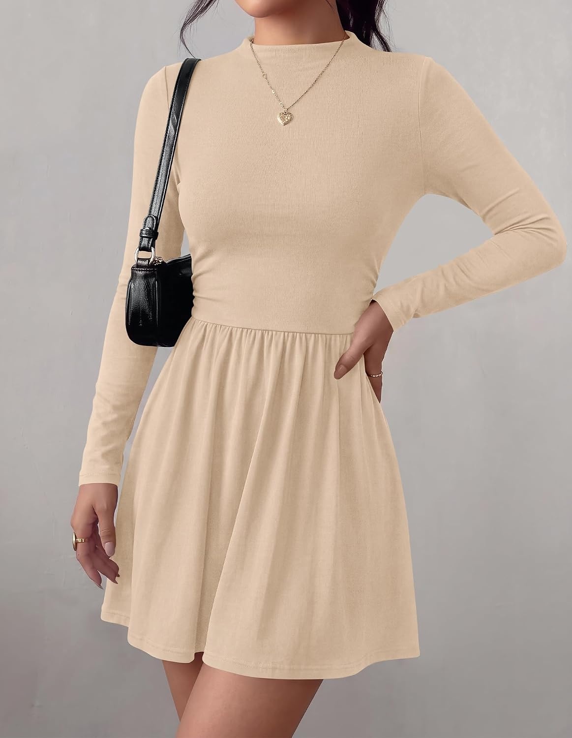 image:imageBTFBM Long Sleeve Dresses for Women Mock Neck A Line Flowy Mini DressApricot