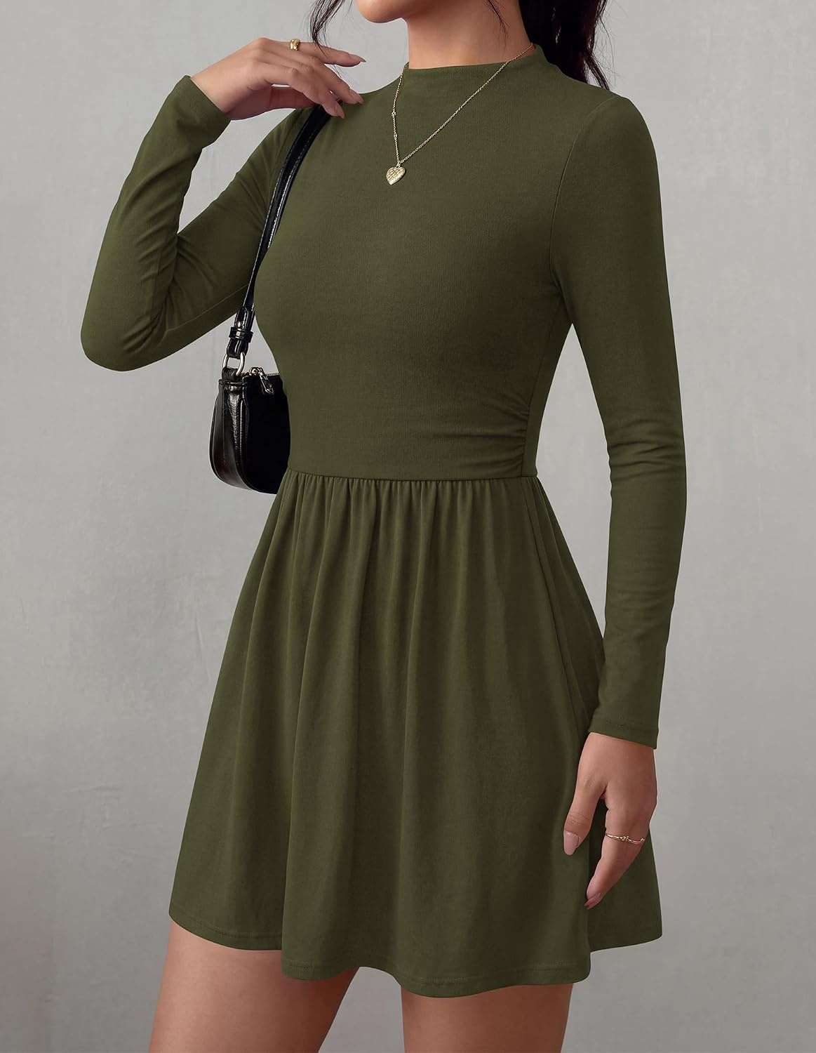 image:imageBTFBM Long Sleeve Dresses for Women Mock Neck A Line Flowy Mini DressArmy Green