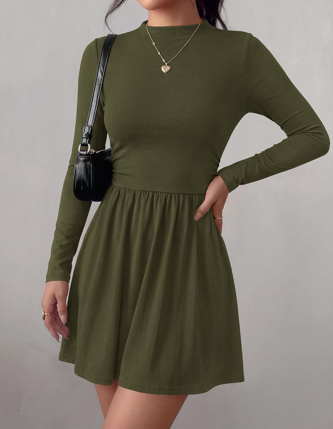 image:imageBTFBM Long Sleeve Dresses for Women Mock Neck A Line Flowy Mini DressArmy Green