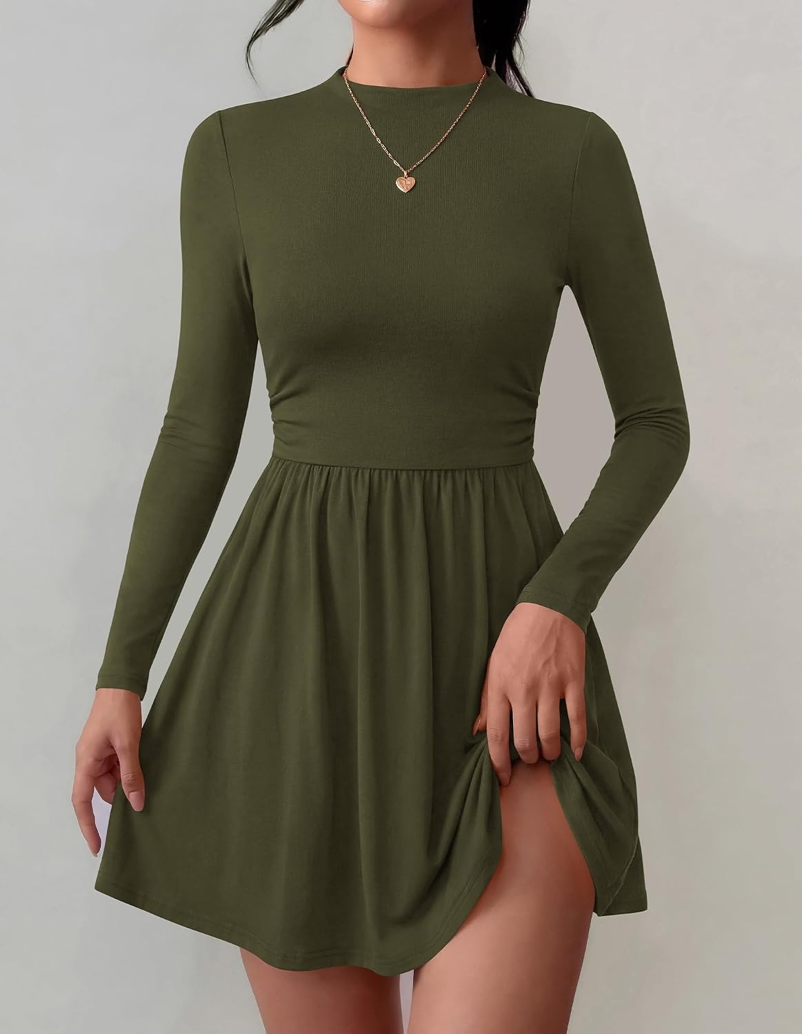 image:imageBTFBM Long Sleeve Dresses for Women Mock Neck A Line Flowy Mini DressArmy Green