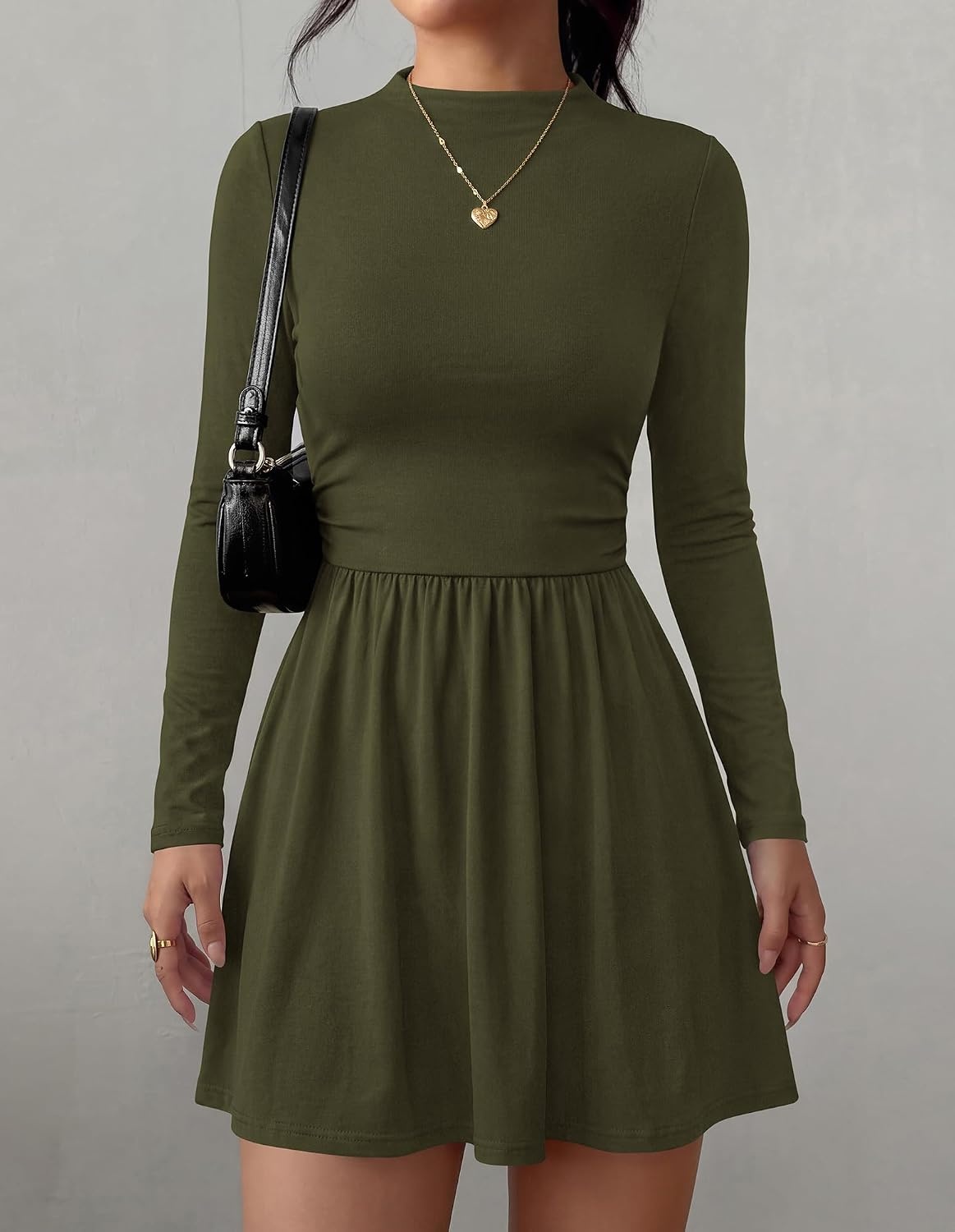 image:imageBTFBM Long Sleeve Dresses for Women Mock Neck A Line Flowy Mini DressArmy Green