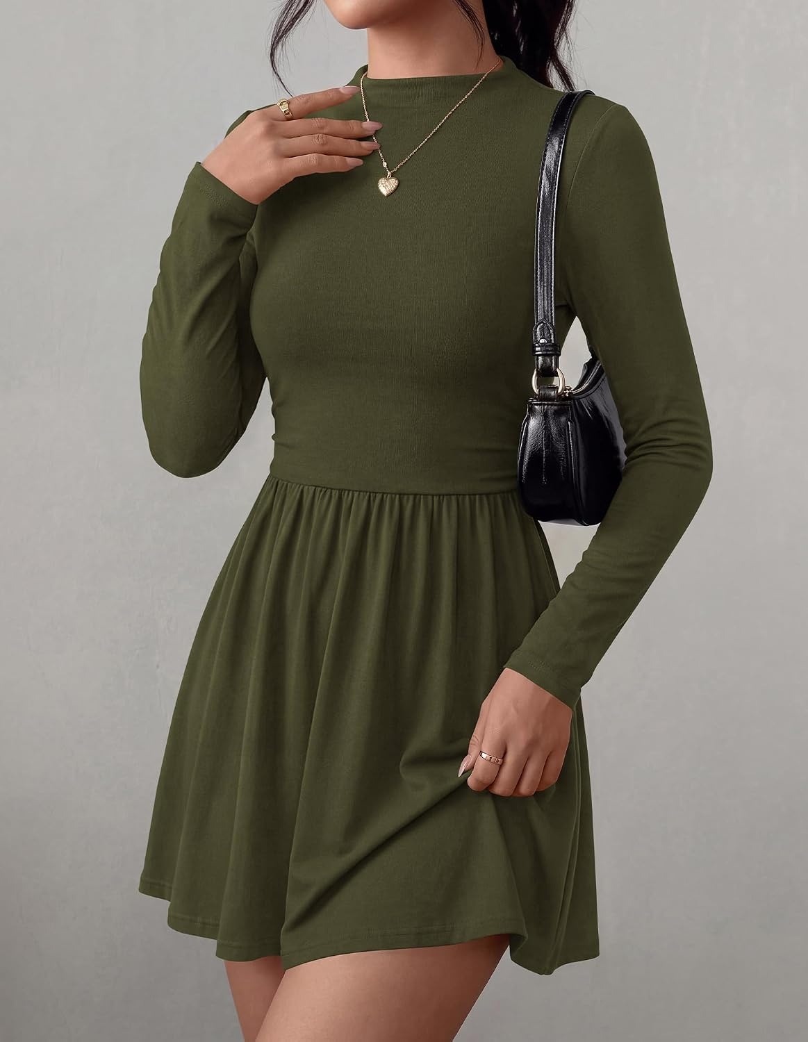 image:imageBTFBM Long Sleeve Dresses for Women Mock Neck A Line Flowy Mini DressArmy Green