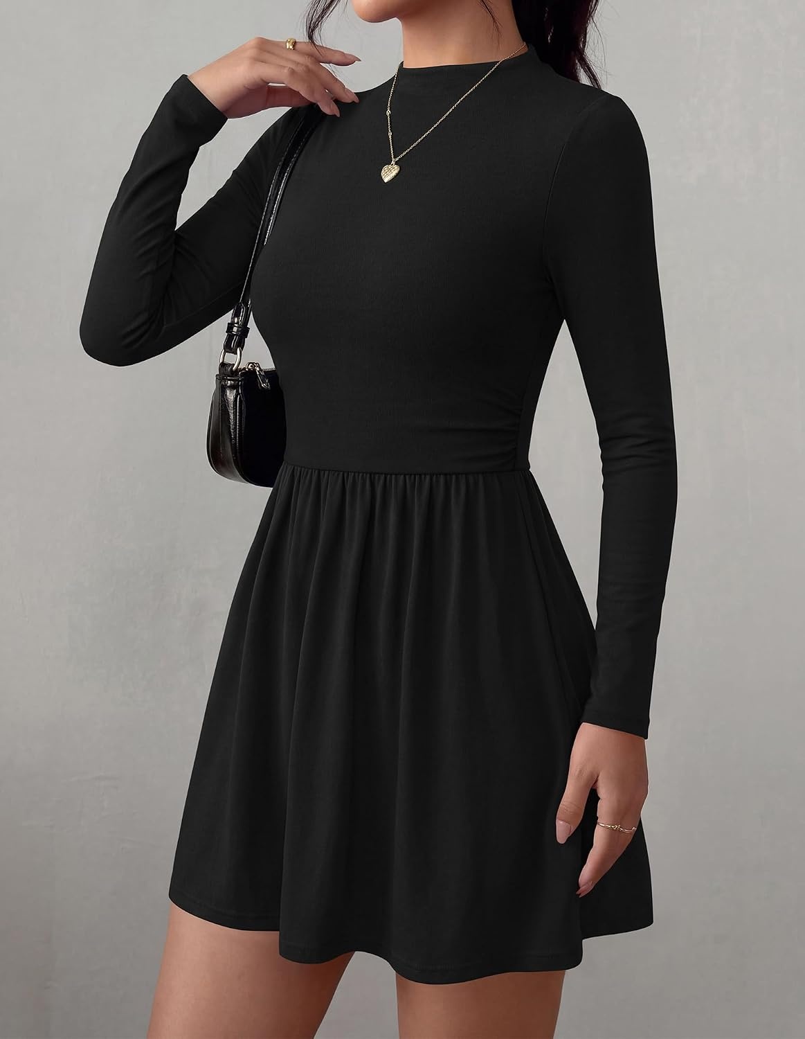 image:imageBTFBM Long Sleeve Dresses for Women Mock Neck A Line Flowy Mini DressBlack