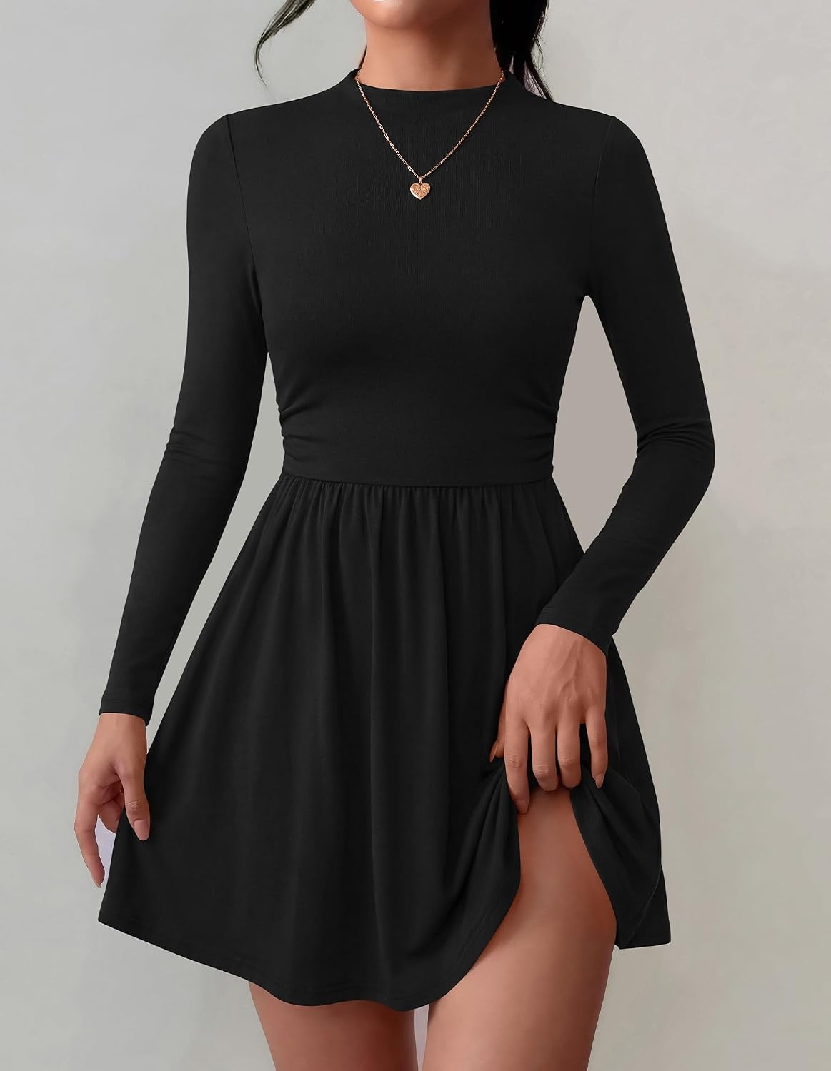 image:imageBTFBM Long Sleeve Dresses for Women Mock Neck A Line Flowy Mini DressBlack