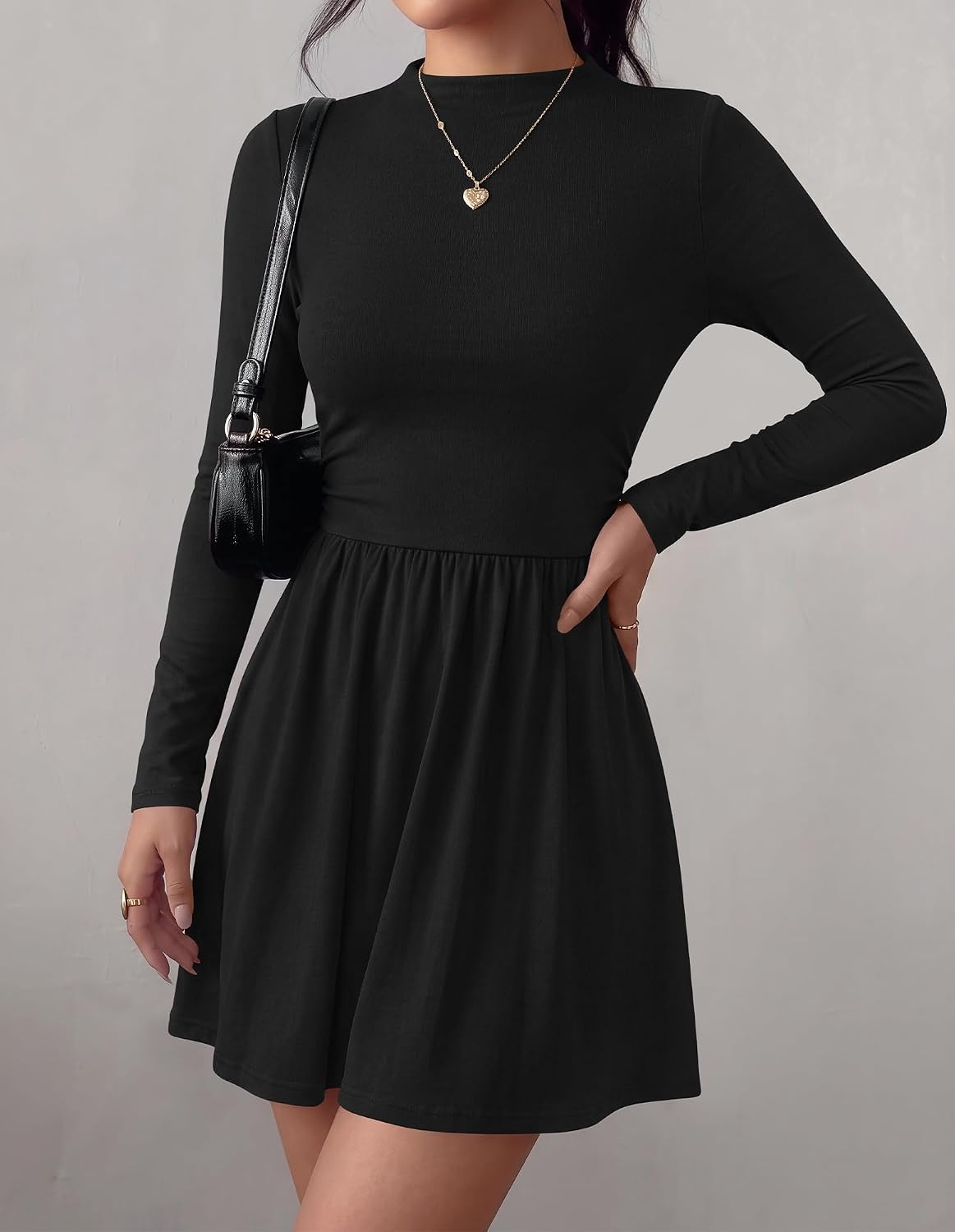 image:imageBTFBM Long Sleeve Dresses for Women Mock Neck A Line Flowy Mini DressBlack