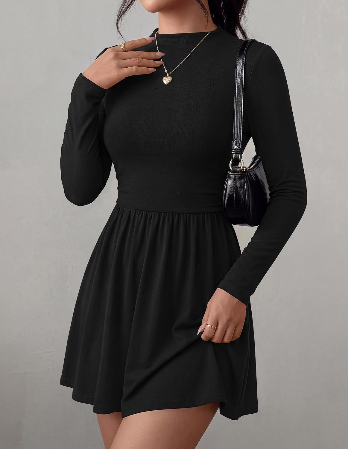 image:imageBTFBM Long Sleeve Dresses for Women Mock Neck A Line Flowy Mini DressBlack