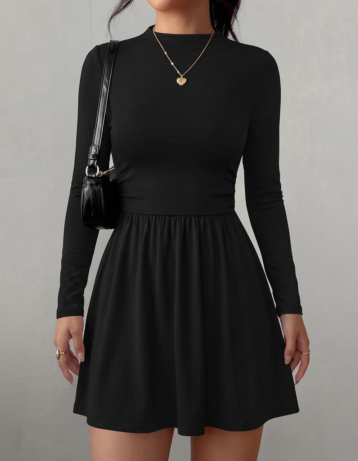 image:imageBTFBM Long Sleeve Dresses for Women Mock Neck A Line Flowy Mini DressBlack