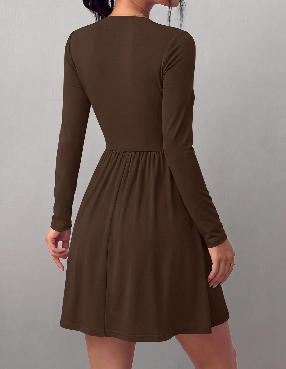 image:imageBTFBM Long Sleeve Dresses for Women Mock Neck A Line Flowy Mini DressBrown