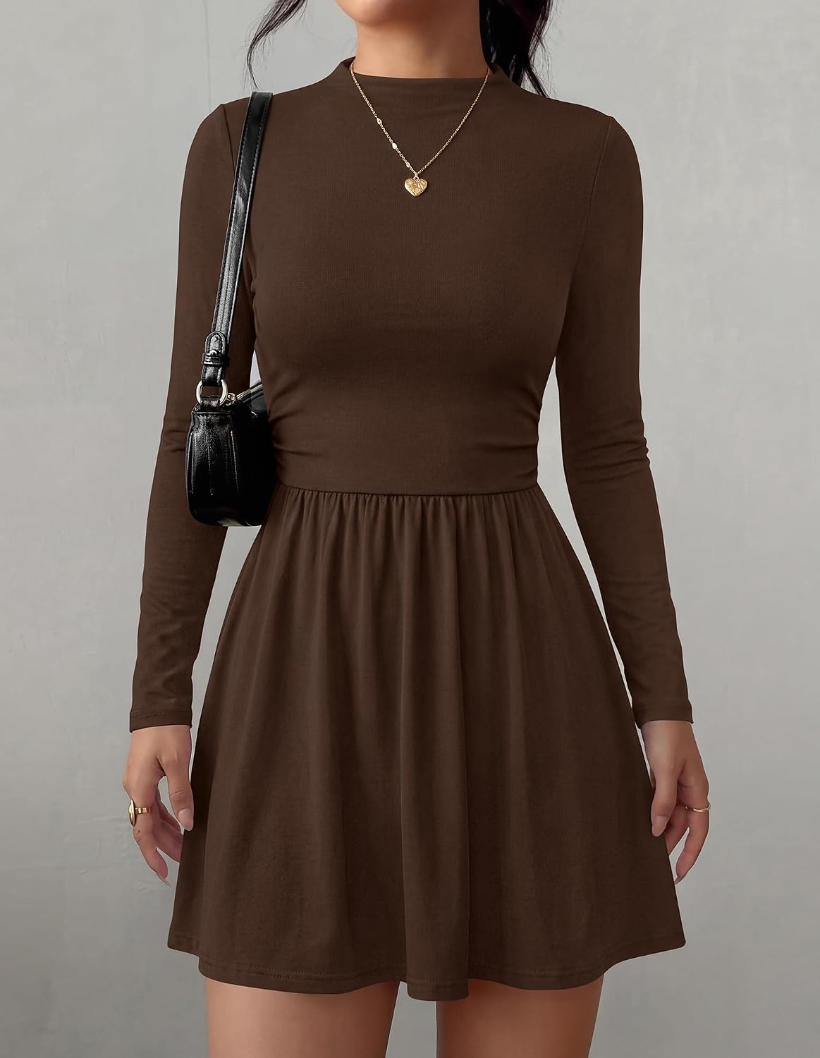 image:imageBTFBM Long Sleeve Dresses for Women Mock Neck A Line Flowy Mini DressBrown