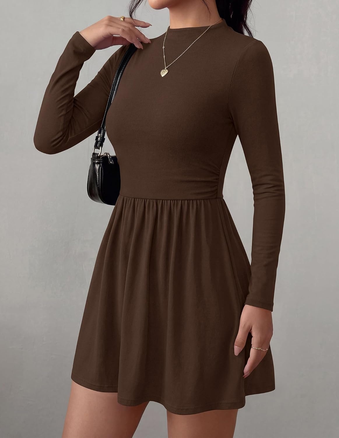 image:imageBTFBM Long Sleeve Dresses for Women Mock Neck A Line Flowy Mini DressBrown