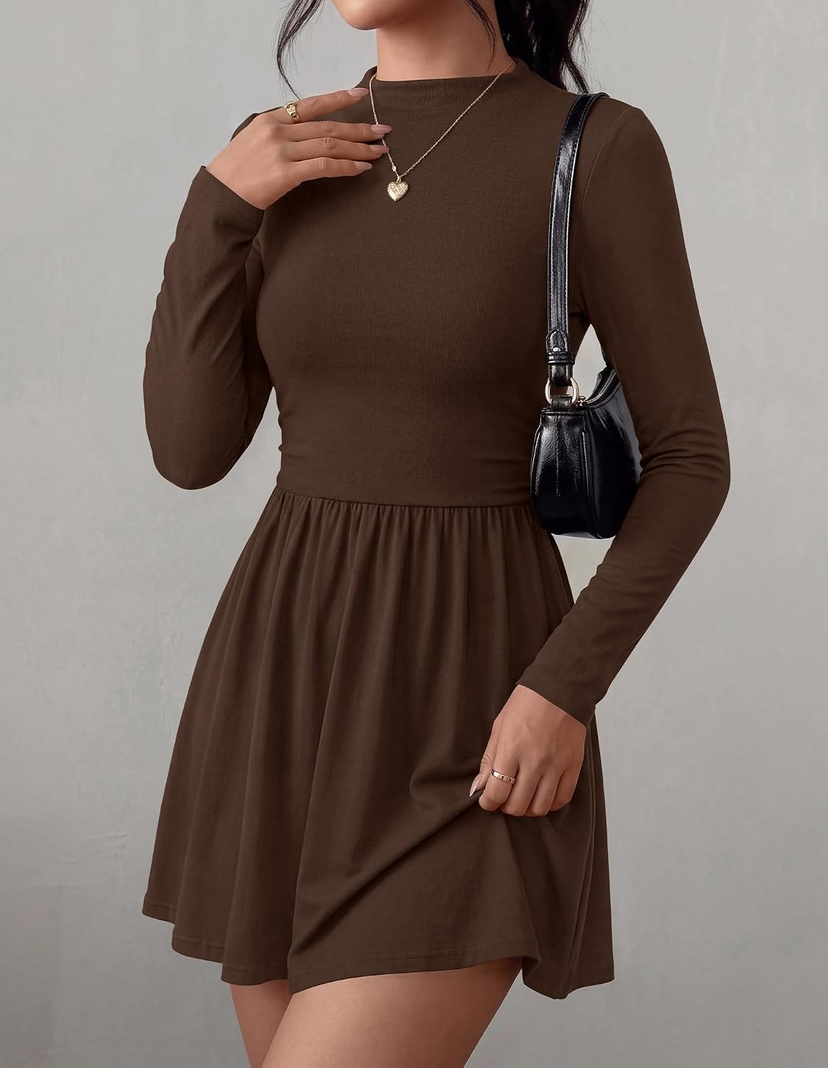 image:imageBTFBM Long Sleeve Dresses for Women Mock Neck A Line Flowy Mini DressBrown