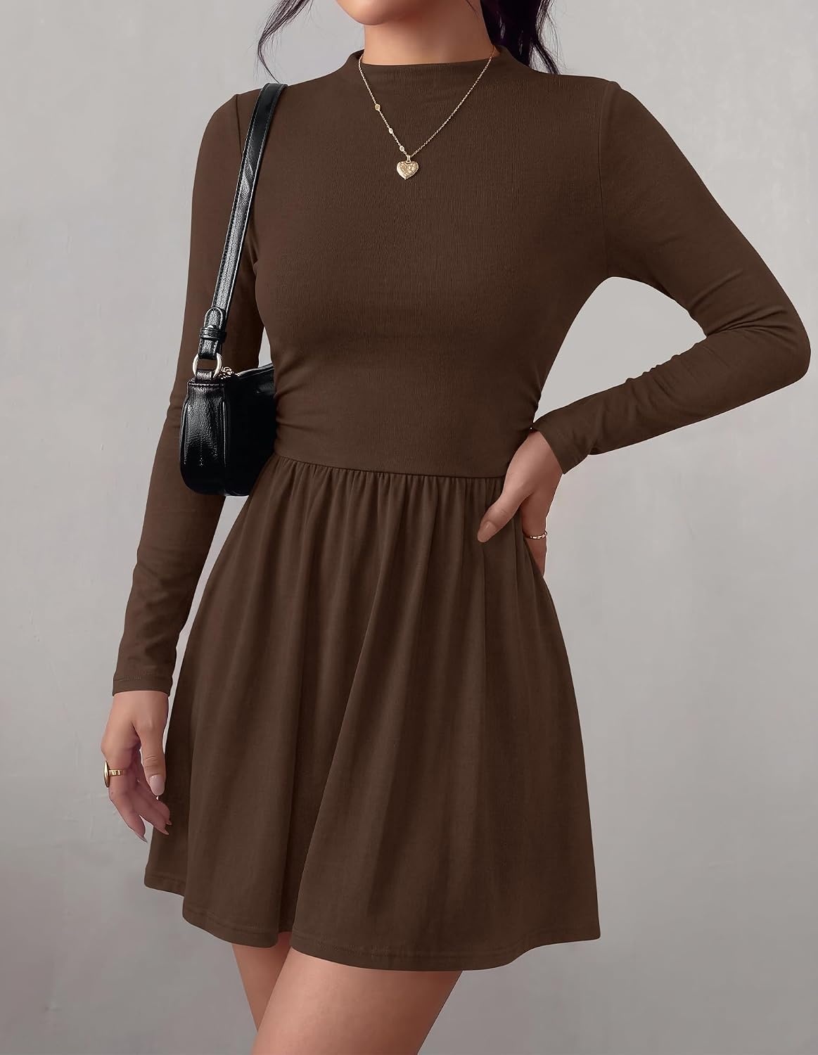 image:imageBTFBM Long Sleeve Dresses for Women Mock Neck A Line Flowy Mini DressBrown