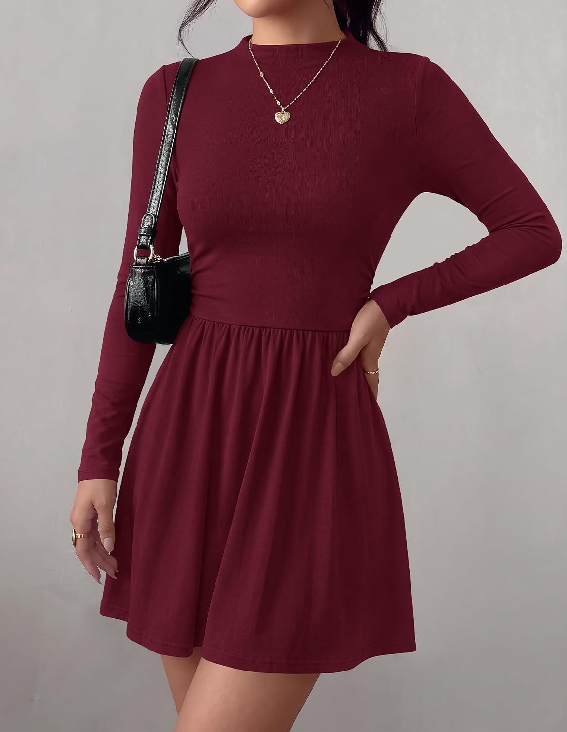 image:imageBTFBM Long Sleeve Dresses for Women Mock Neck A Line Flowy Mini DressBurgundy