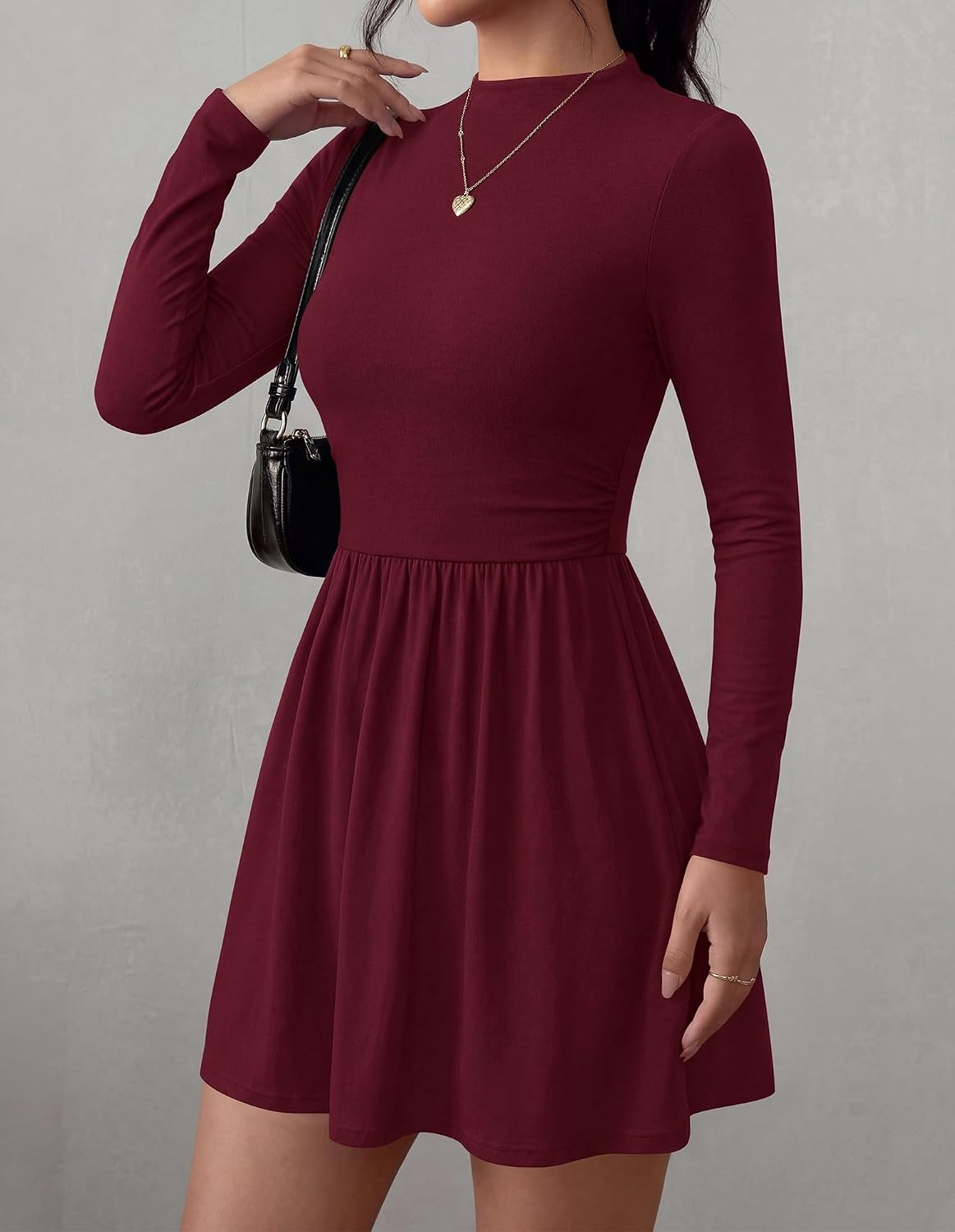 image:imageBTFBM Long Sleeve Dresses for Women Mock Neck A Line Flowy Mini DressBurgundy