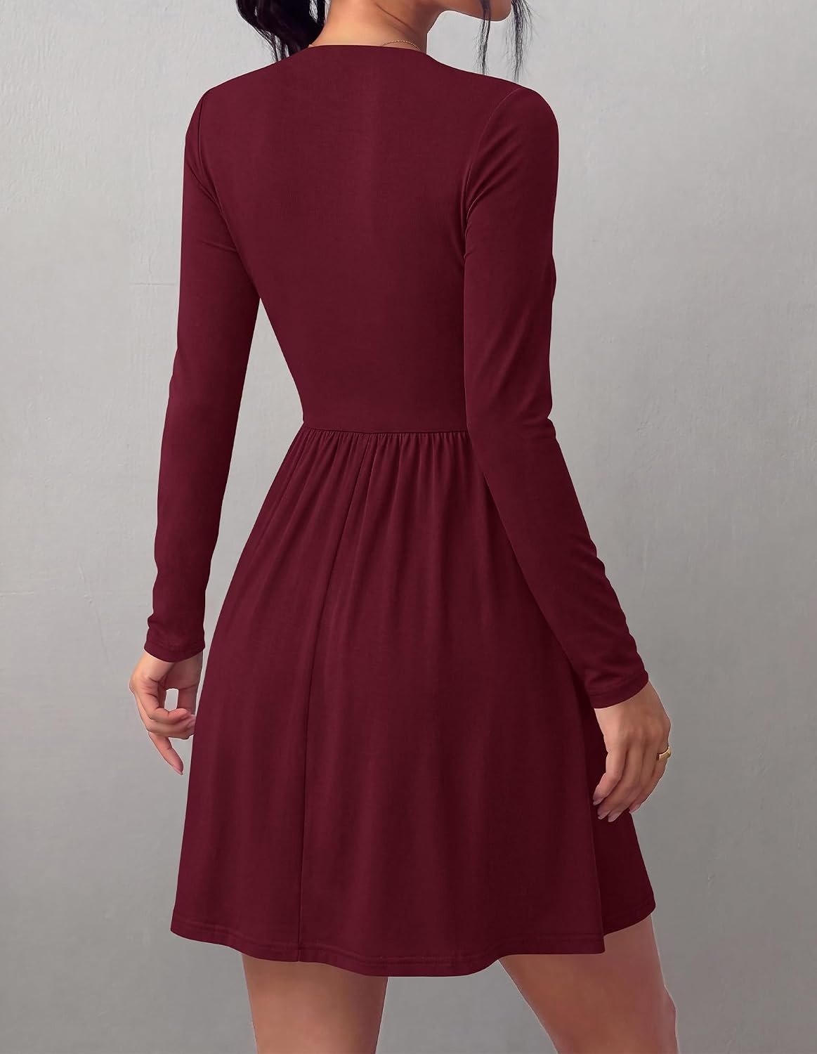 image:imageBTFBM Long Sleeve Dresses for Women Mock Neck A Line Flowy Mini DressBurgundy