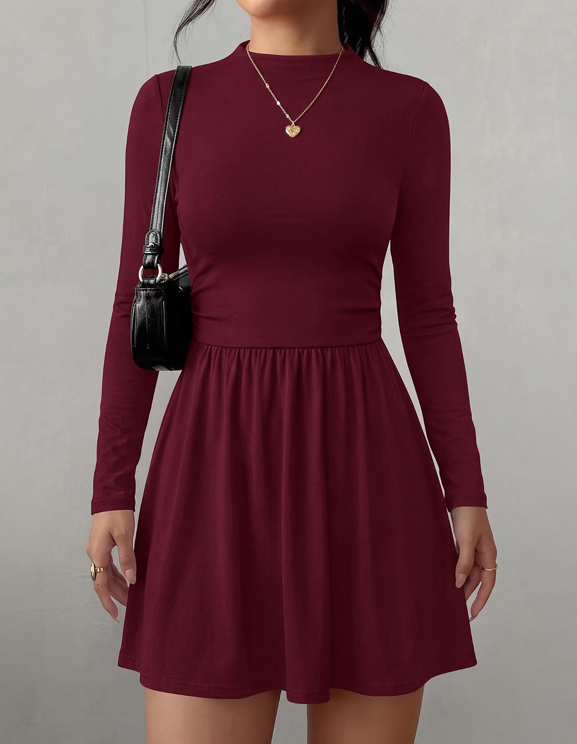 image:imageBTFBM Long Sleeve Dresses for Women Mock Neck A Line Flowy Mini DressBurgundy