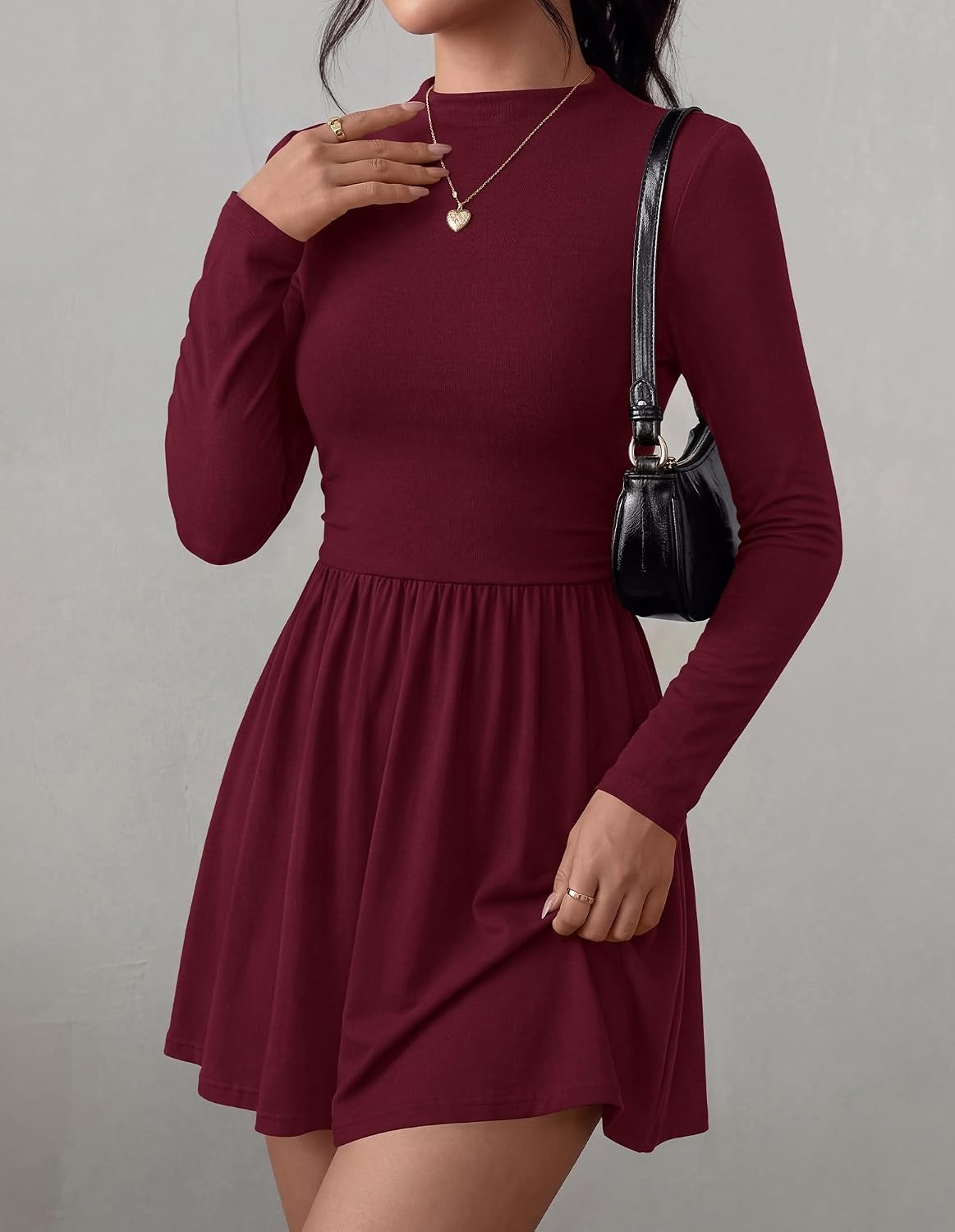 image:imageBTFBM Long Sleeve Dresses for Women Mock Neck A Line Flowy Mini DressBurgundy