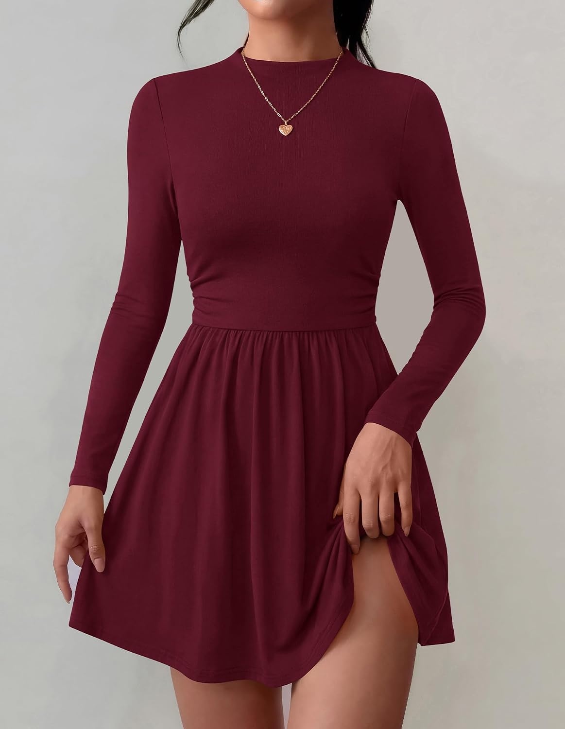 image:imageBTFBM Long Sleeve Dresses for Women Mock Neck A Line Flowy Mini DressBurgundy