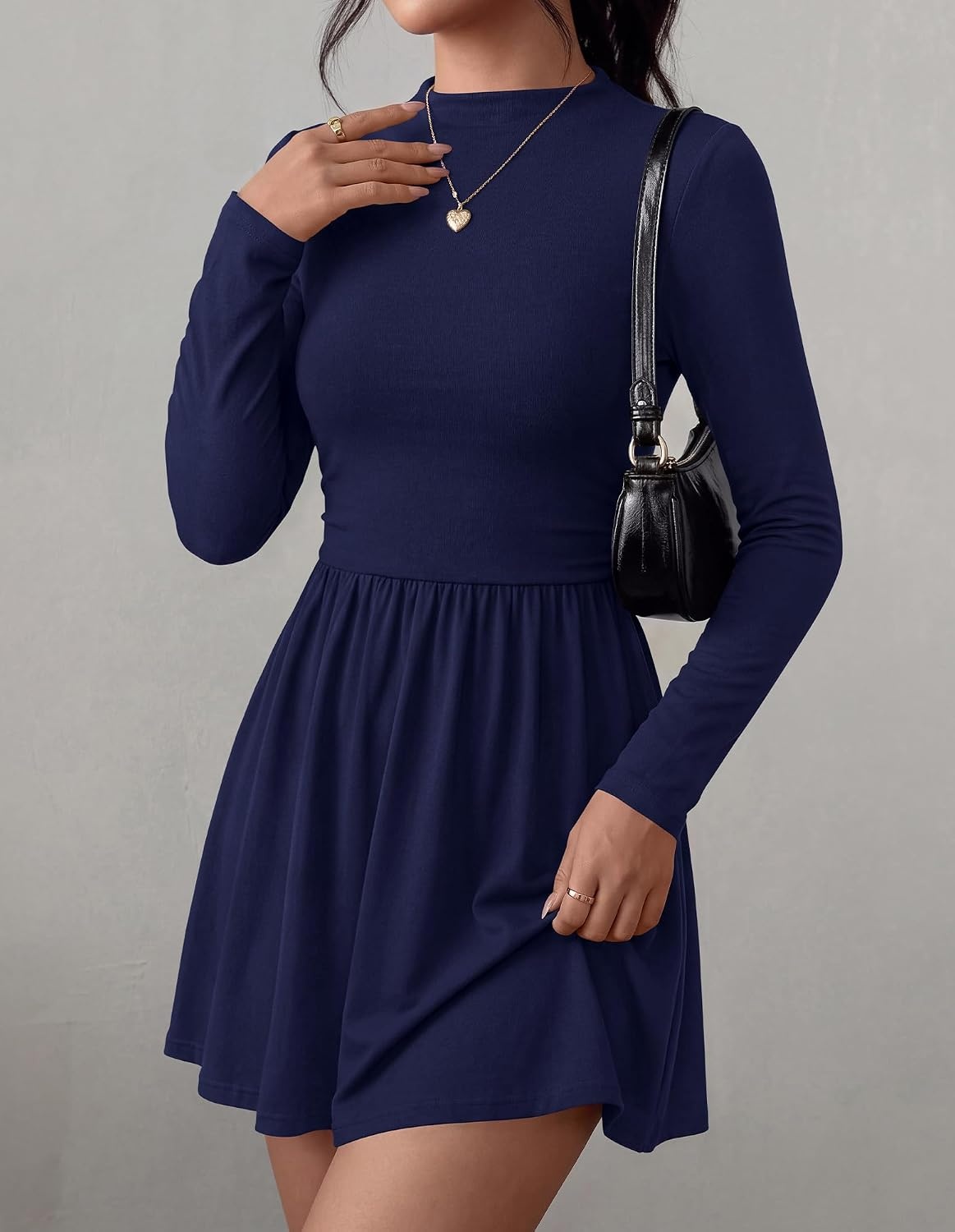 image:imageBTFBM Long Sleeve Dresses for Women Mock Neck A Line Flowy Mini DressNavy Blue
