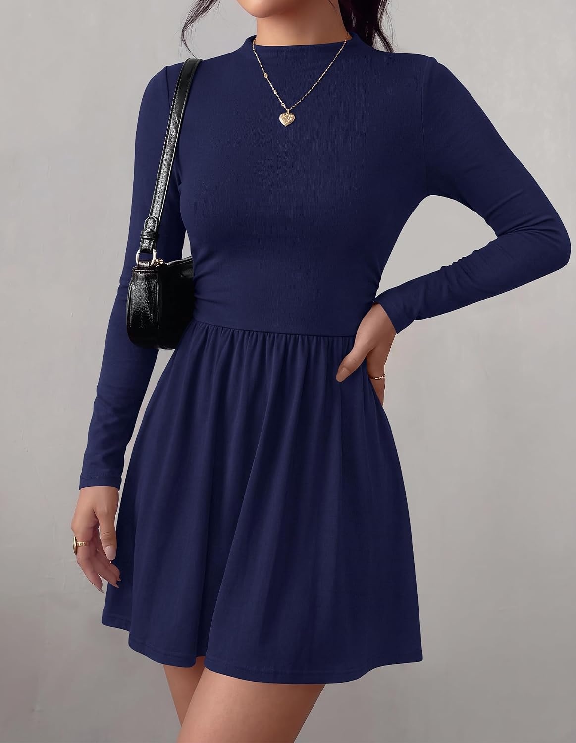 image:imageBTFBM Long Sleeve Dresses for Women Mock Neck A Line Flowy Mini DressNavy Blue