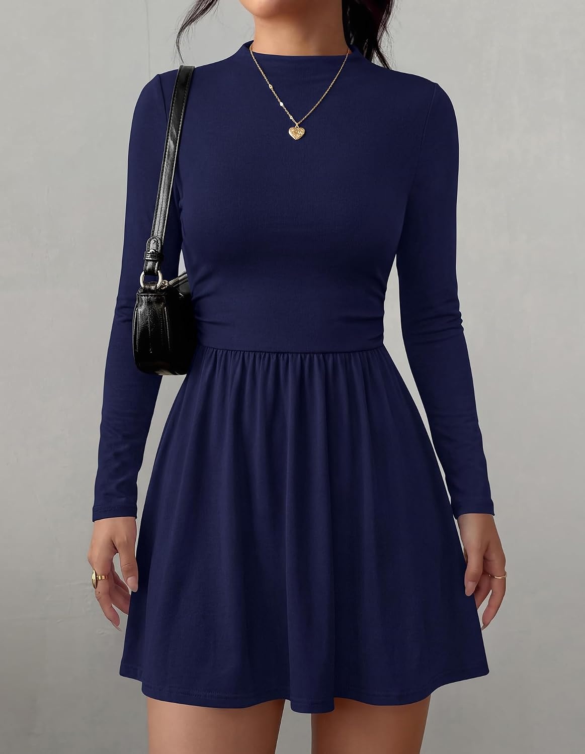 image:imageBTFBM Long Sleeve Dresses for Women Mock Neck A Line Flowy Mini DressNavy Blue