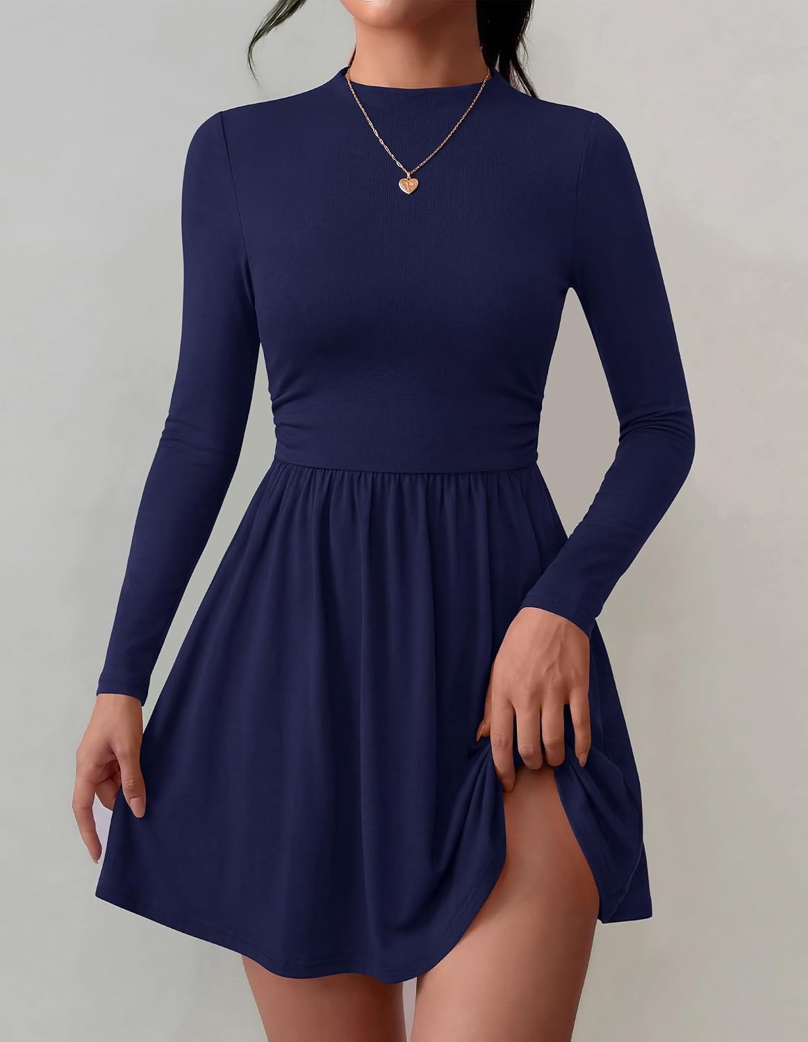 image:imageBTFBM Long Sleeve Dresses for Women Mock Neck A Line Flowy Mini DressNavy Blue