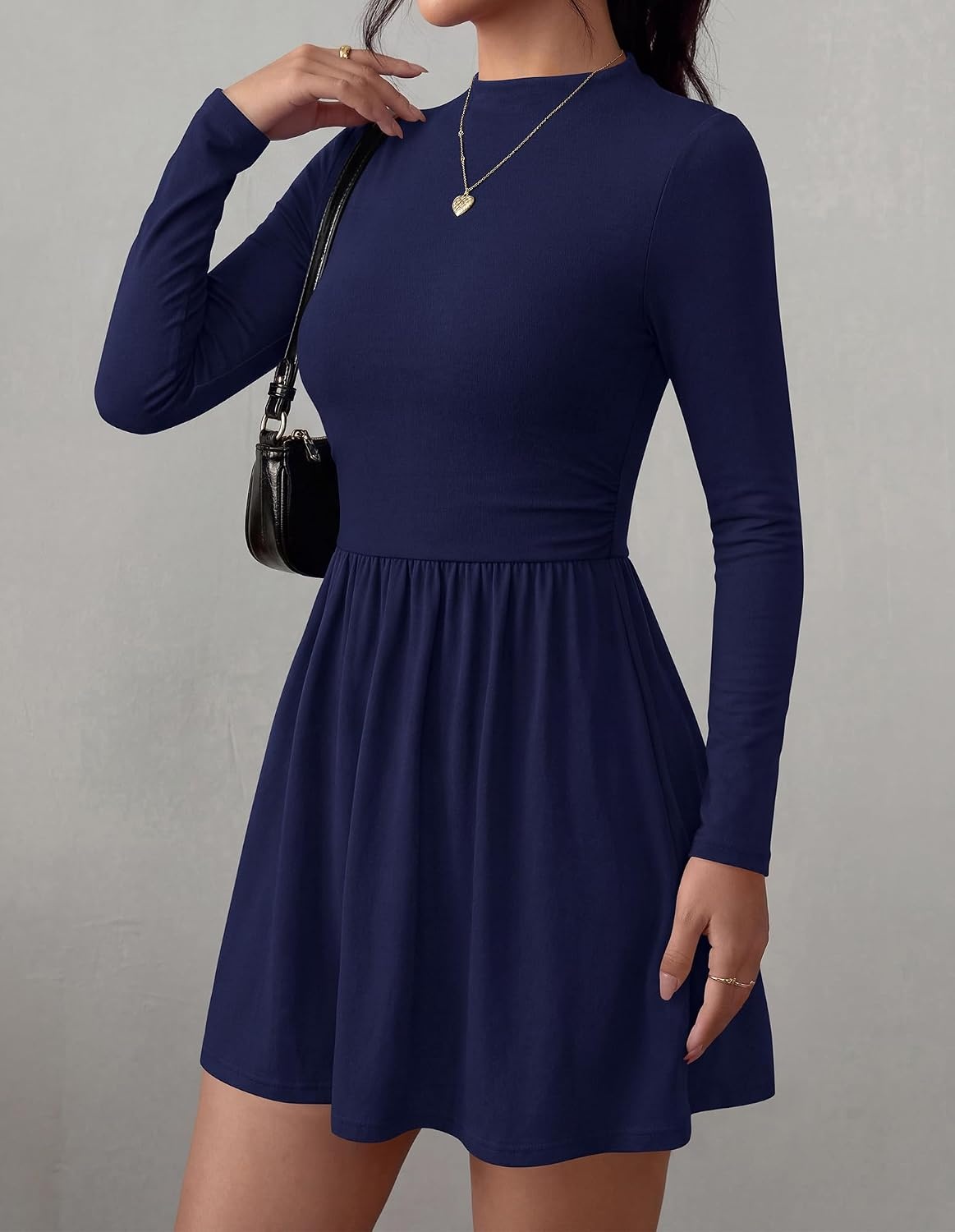 image:imageBTFBM Long Sleeve Dresses for Women Mock Neck A Line Flowy Mini DressNavy Blue