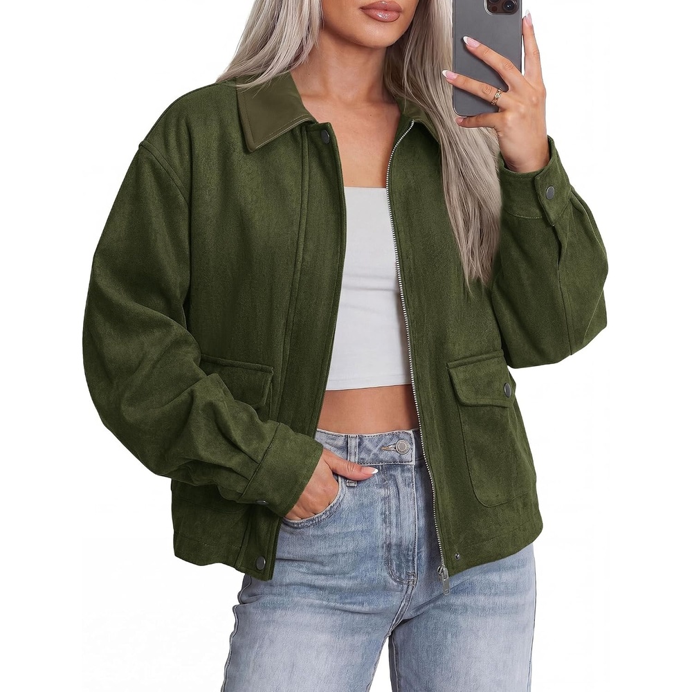 image:imageBTFBM Faux Suede Jacket Women Leather Lapel Zip Up Fall Outfits 2026Army Green