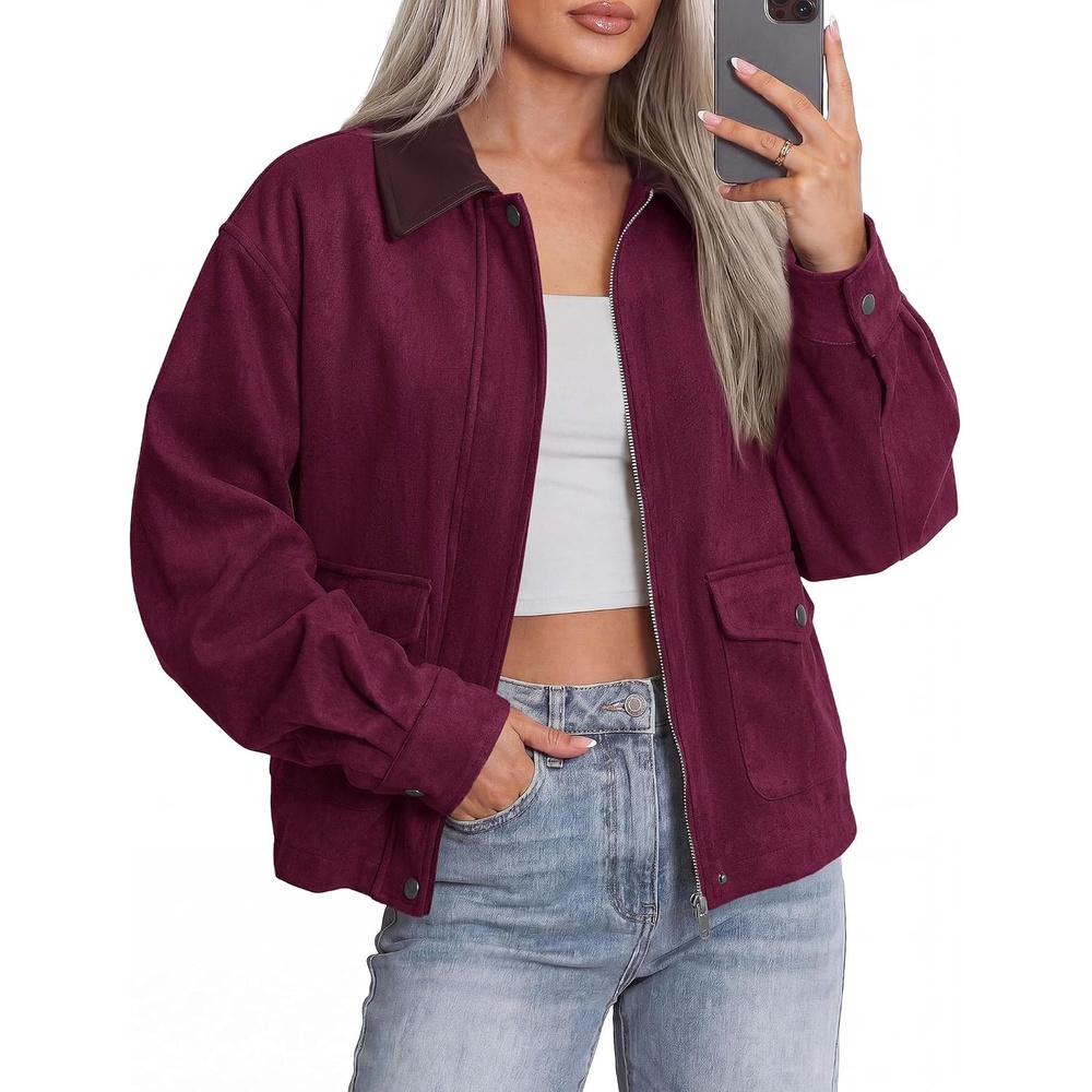 image:imageBTFBM Faux Suede Jacket Women Leather Lapel Zip Up Fall Outfits 2026Burgundy