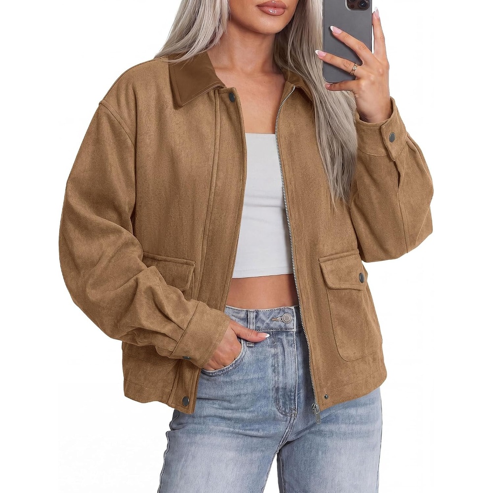 image:imageBTFBM Faux Suede Jacket Women Leather Lapel Zip Up Fall Outfits 2026Khaki